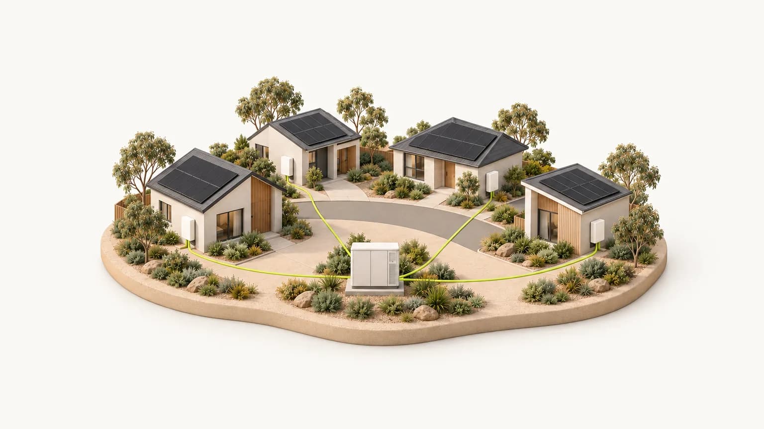 Illustration of four homes on a curved street, each with rooftop solar and a wall battery, wired to one shared neighbourhood substation: home batteries working together as a virtual power plant.
