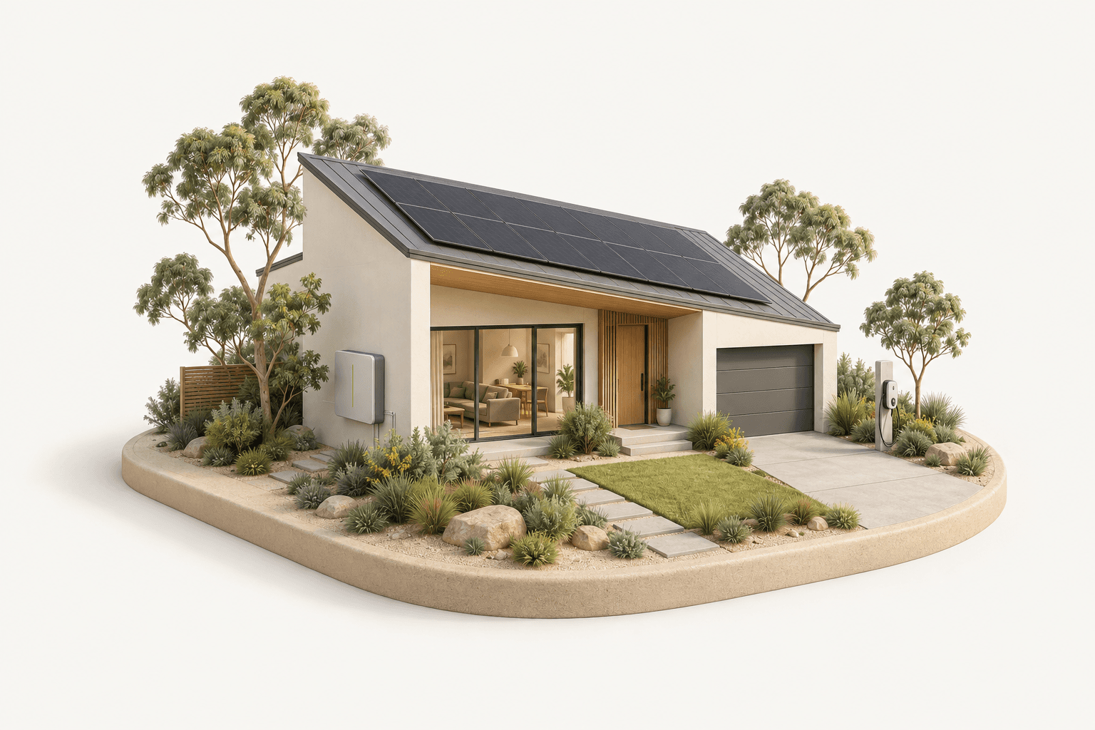Illustration of an Australian home with rooftop solar, battery storage and an EV charging point.